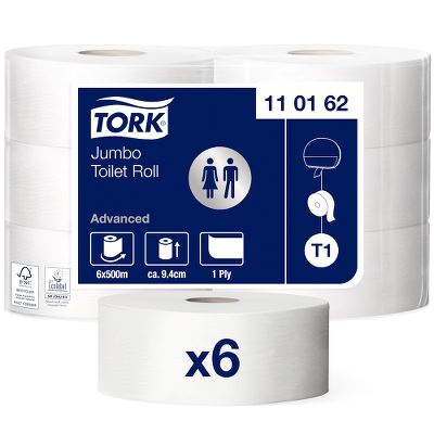 Tork Jumbo toiletpapir, T1, 1-lags, 500m, hvid